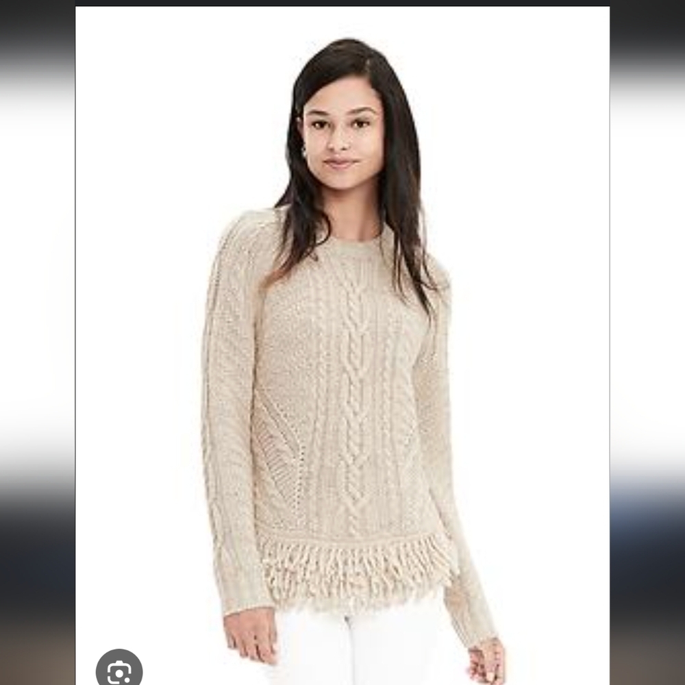 Banana Republic,Beige Cable Knit Fringe Sweater, Size M